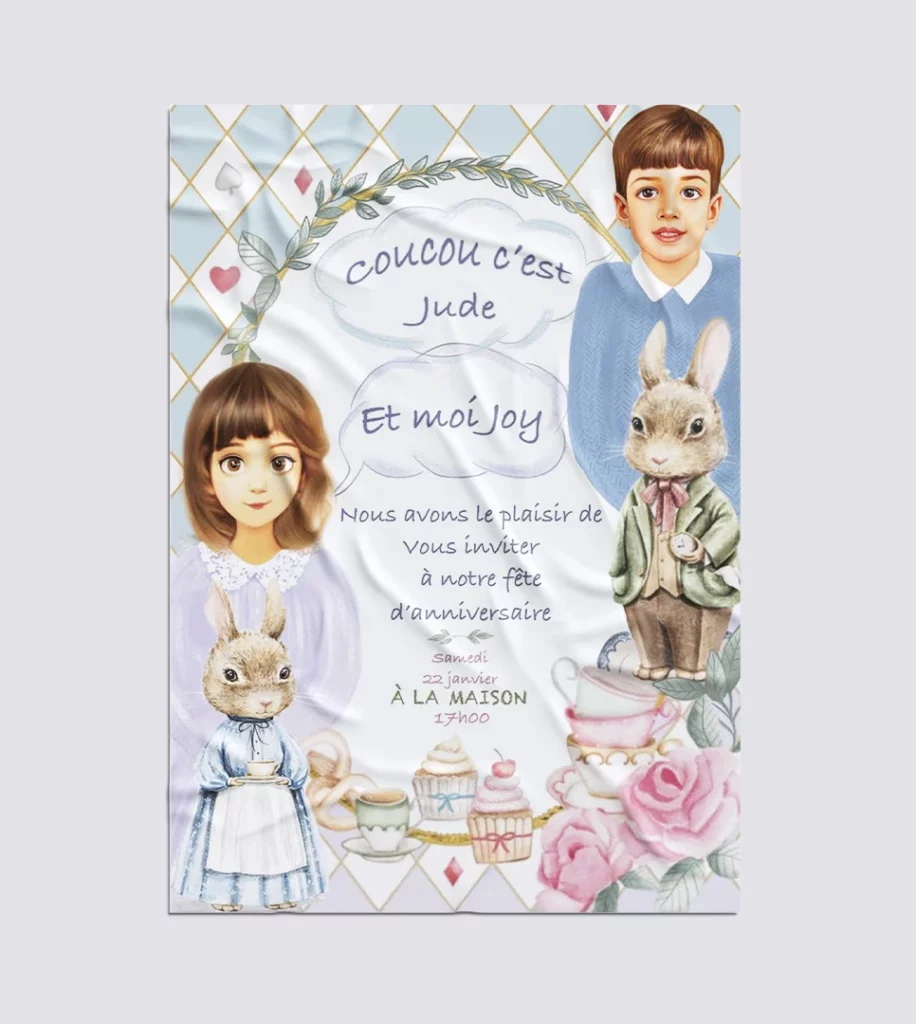 Étapes de création du portrait illustré et mise en page de la carte d'invitation sur Illustrator.