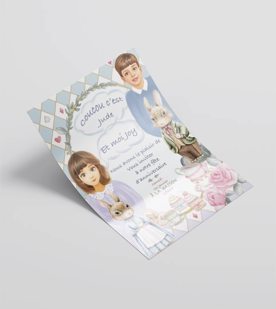 Carte d'invitation d'anniversaire au style vintage avec portraits d'enfants et lapins illustrés.